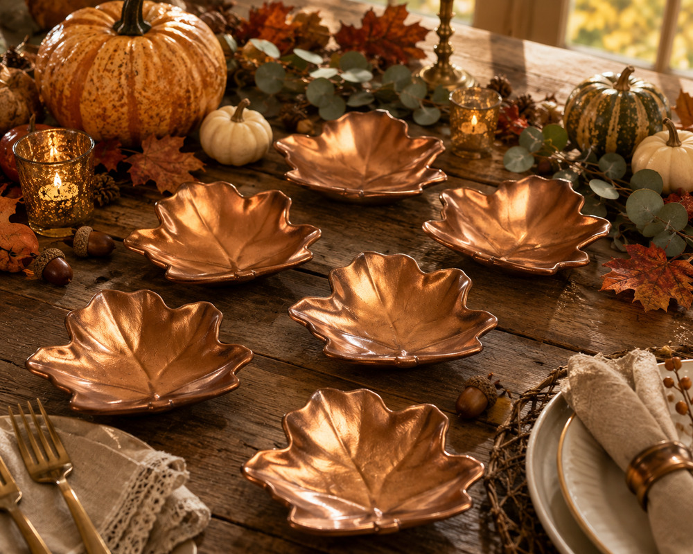 Lot 6 NEW Pier 1 Leaf Dishes Metallic Copper Ceramic 5 x 4.5